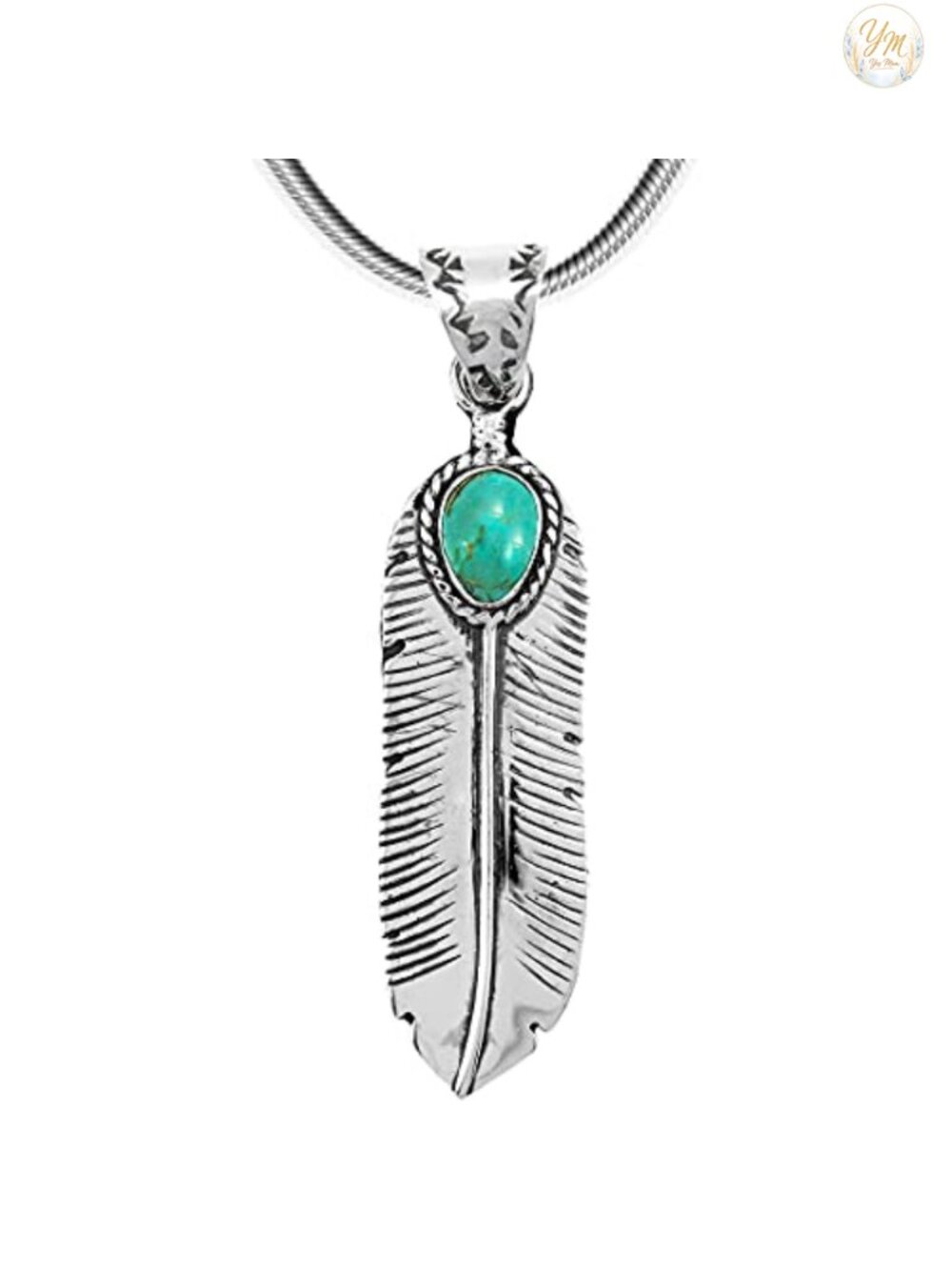 Genuine Turquoise Feather Pendant Necklace Sterling Silver 925 20 inch